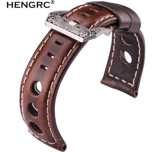 HENGRC Cowhide Watch Band Belt Oil Wax Genuine leather Dark Brown Women Men Watchbands Strap With Buckle Spring Bar