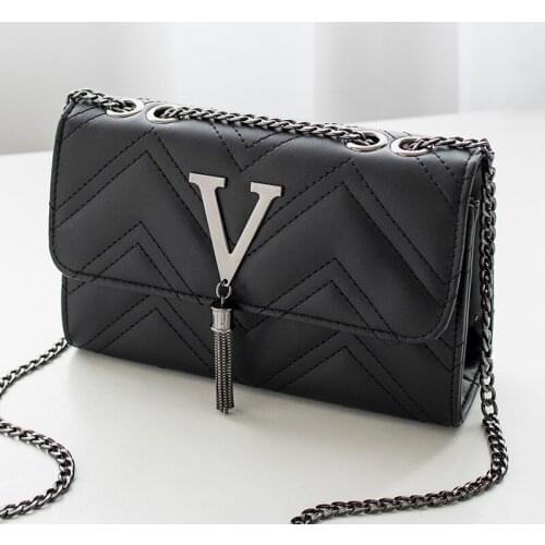 Metal V tassel bag business vintage Ladies Women Rhombic Grid Chain Messenger Shoulder Bag PU leather middle handbag