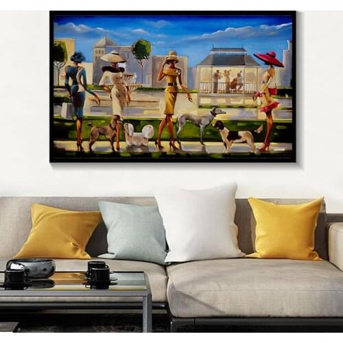 MUTU Wall Art Painting Fashionable Girl Walks Dog In the Street Posters Prints Canvas Modern Picture For Living Room Home Decor