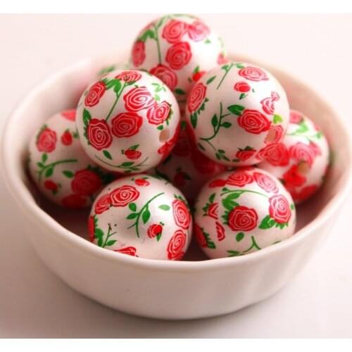 OYKZA New Fashion 20mm 100pcs Acrylic Matte Imitation Pearl Beads Print Rose Flower for Chunky Girls Necklace Jewelry