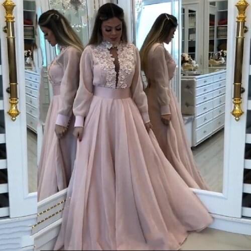Eightale Arabic Evening Dress High Neck Appliques A-Line Chiffon Long Sleeves Pink Muslim Dubai Prom Party Dress