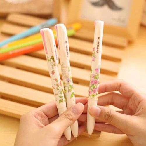 4 In 1 Colored Ballpoint Pen Floral Pens Kawaii Stationery Writing Pens 0.5mm Office School Supplies Ink Black Green Blue Red