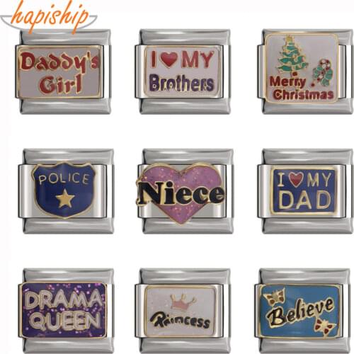 Hapiship 9mm Width Original Daisy princess believe Police Merry Christmas Niece Charm Fit Bracelet Stainless Steel Links DJ119