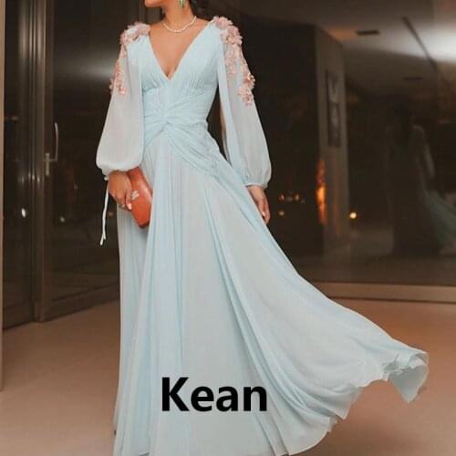 Chiffon Evening Dress Pleat Applique v-neck Puff Sleeve Special Occasion robe soiree Islamic Dubai Kaftan Saudi Arabic Prom Gown
