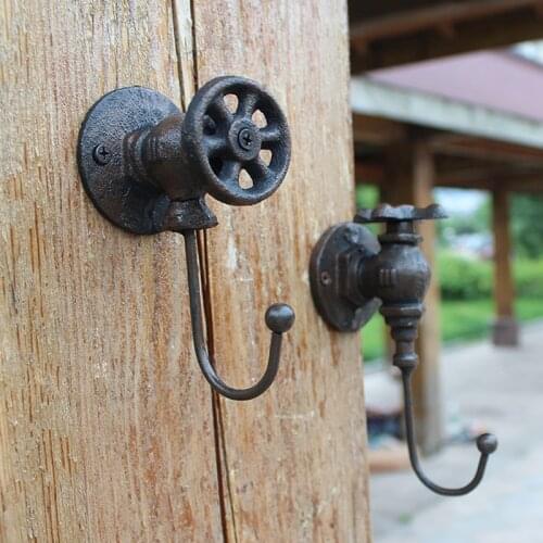 Vintage Cast Iron Water Faucet Valve Handle Wall Hooks - Decorative Distressed Metal Hangers