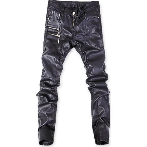 New arrival 2018 punk style fashion full pu leather patchwork skinny jeans men slim fit party wear black pants men PK6-3