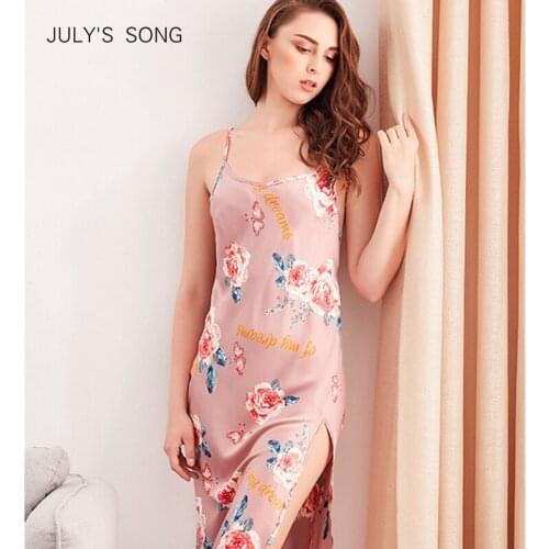 JULYS SONG Sexy Straped Nightdress Vintage Floral Printed Faux Silk Sleepwear Homewear Elegant Backless Womens Dresses Vestido