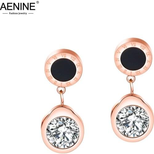 AENINE Black Circle Design Earrings Stainless Steel Inlaid Cubic Zirconia Roman Numerals Stud Earrings For Women Brincos AE17092