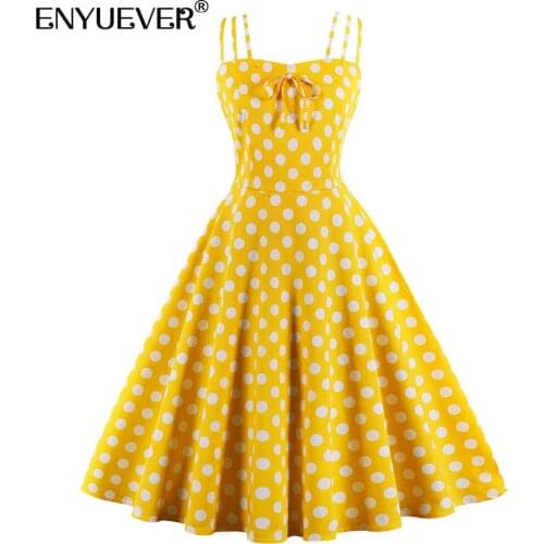 Enyuever Summer Dress Women Clothes Vintage Sundresses Spaghetti Strap Robe Pin Up Holiday Party Yellow Polka Dot Casual Dress