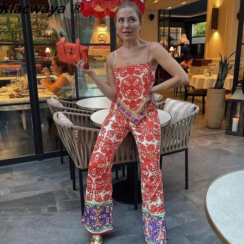 Klacwaya 2021 Women Vintage Spaghetti Strap Totem Floral Print Sexy Backless Bowknot Sling Top Ladies Summer Straight Pants Suit