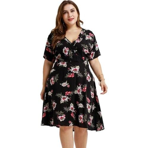 2019 New Summer Dress Fashion Trendy Casual Temperament Thin Print Plus Large Size Fat V Neck Short Sleeve Women Dresses ZW145
