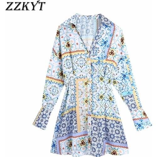 ZZKYT 2021 Women Spring Vintage Patchwork Print Mini Dress Fashion Lapel Collar Long Sleeve Single Breasted Female Party Dresses