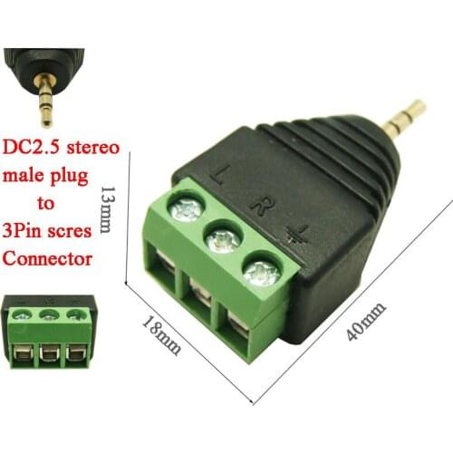 100Pcs AUDIO stereo plug 2.5 to 3pin connector AUDIO male plug DC2.5 audio mono to 3Pin screw terminal connector
