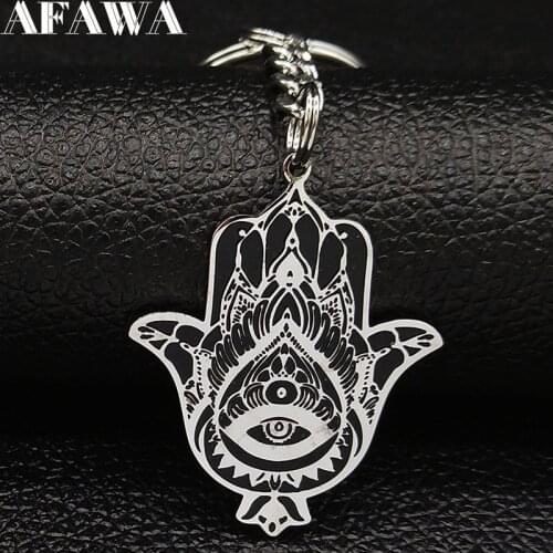 2021 Fashion Islam Hamsa Hand Stainless Steel Key Chain for Men Black Silver Color Pendant Key Jewelry llavero K77587B