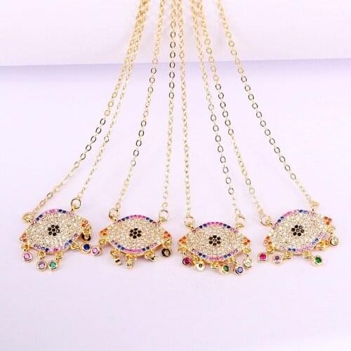 6PCS, Gold Filled Eye Shape Colorful Zirconia Fashion CZ Micro Pave Crystal Rainbow Pendant Necklaces