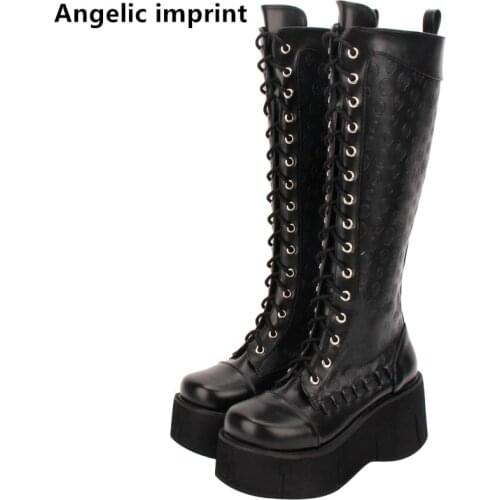 Angelic imprint handmade new mori girl Women Gothic motorcycle punk boots lady lolita Boots woman high heels print skull shoes
