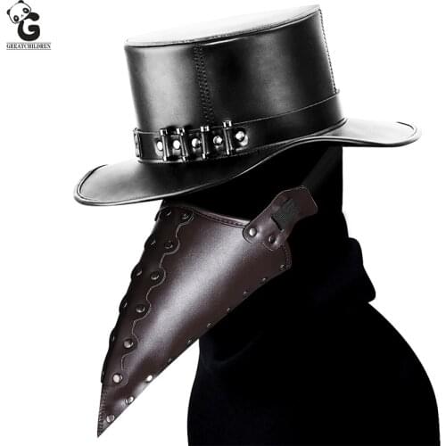 Plague Doctor Masks Adult Steam Punks Scary Horror PU Steampunks Flat Gentleman Hat Halloween Cosplay Beak Mask Carnival Party