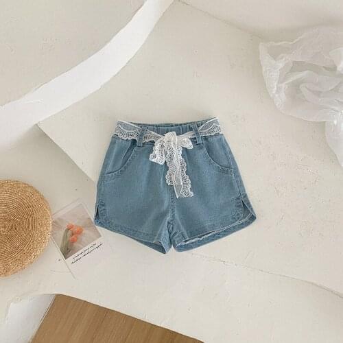 2021 Summer New Girls Soft Cotton Lovely Lace Belt Children Korean Denim Shorts