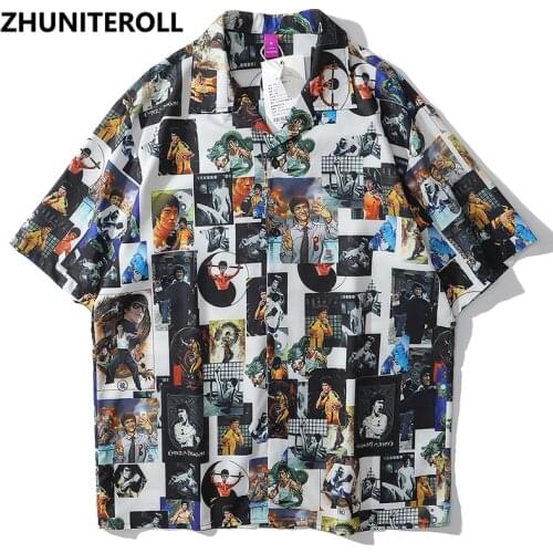 Harajuku Hawaiian Beach Shirts Chinese kung Fu Print Hip Hop Button Shirt Mens Fashion Short Sleeve Holiday Party Blouse Tops