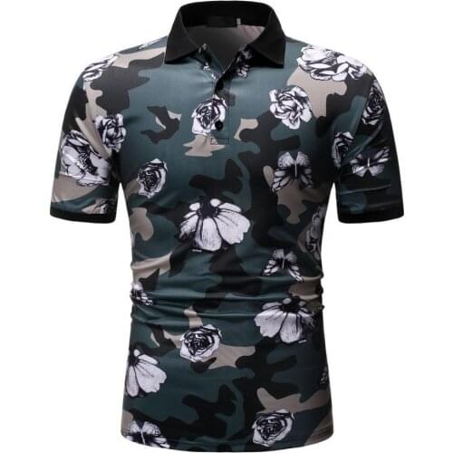 2021 Summer Men Polo-Shirt Fashion Flower Print Elasticity Polyester Men Printed Turn Down Collar Shirt Dating Streetwear Top