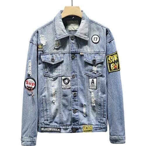 Men Holes Jean Jackets Light Blue Denim Jackets and Coats High Quality Men Cotton Loose Denim Coats Printing Badge Casual Coats