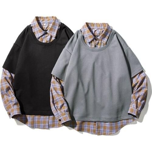 2021 Spring and Autumn High Quality Mens Plaid Patchwork Pullover Loose Long Sleeve Mens Sweaters Shirts