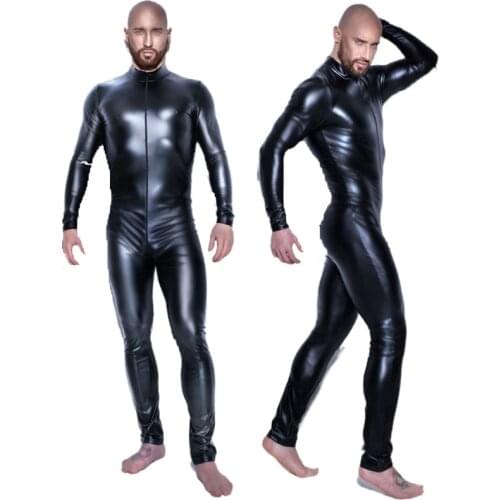 Men Sexy Faux Leather Catsuit Hot Erotic Lingerie Long Sleeve Patent Leather Bodysui Zentai Gay Fetish Wear Open Crotch Clubwear