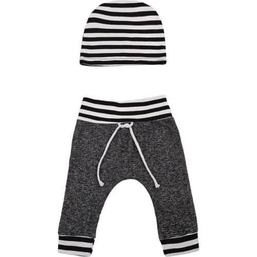 Citgeett Toddler Infant Newborn Baby Boy Girls Newest Fashion Cotton Outfits Gray Casual Clothes Pants Striped Hat