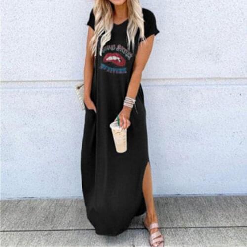 Casual Women Side Split Ankle Length Dress Summer Short Sleeve Red Lip Print Dresses Ladies O-neck Loose Long Dress Streetwear