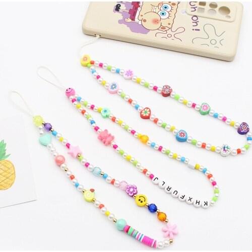 2021 Strap Anti-Lost Lanyard For Women Summer Cute CartoonBeads Chain For Cell Phone Lanyard Smile Letter String Hanging Chains