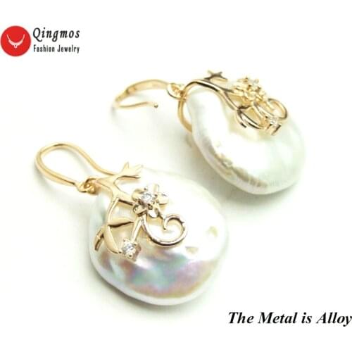 Qingmos Fashion 20mm White Natural Pearl Earring for Women with Dangle Oval Pearl Hook Earrings Fine Jewelry Free Pack Box ea716