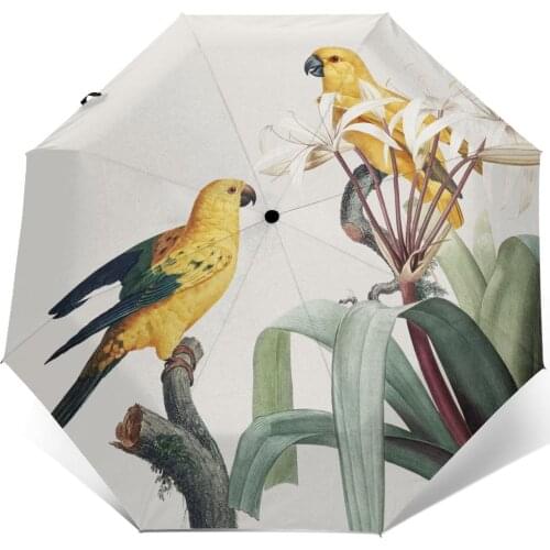 Wind Resistant Fully-Automatic Umbrella Macaw Tropical Illustration Rain 3 Folding Parasol Travel Car Umbrella
