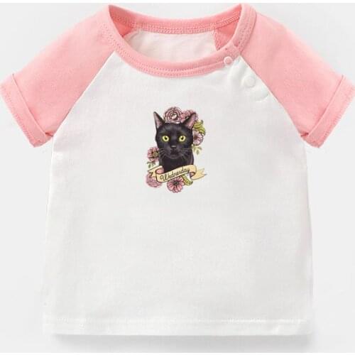 Retro Vintage Black Cat Wednesday Pink Flower Design Newborn Baby T-shirts Toddler Graphic Raglan Color Short Sleeve Tee Tops
