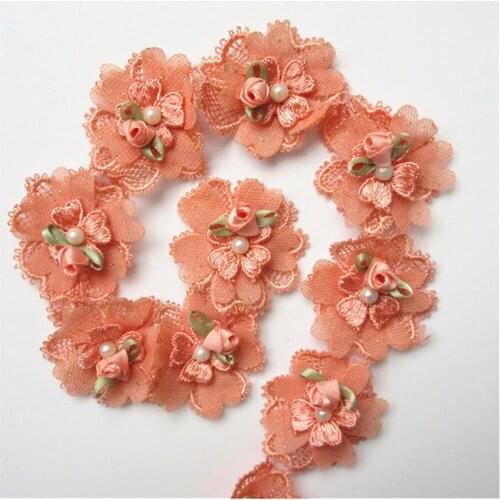20x Orange Pearl Flowers Embroidered Lace Trim Ribbon Applique Patchwork Handmade Sewing Craft For Dress Costume Hat Decoration