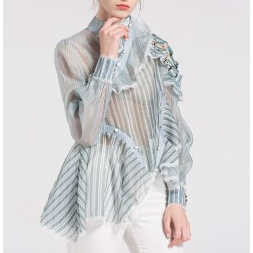 Summer Fashion Newest 2021 Runway Designer Shirt Womens Long Sleeve Striped Ruffle Asymmetrical Shirt Blouse
