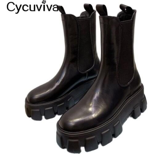 New Genuine Leather Brand Chelsea Ankle Boots For Women Thick Bottom Platform Motorcycle Boots Runway Autumn Flat Knight Boots