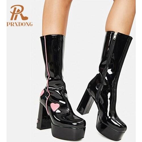Fashion Women Mid Calf Boots Sexy Chunky High Heels Platform Shoes Woman Autumn Winter Warm Boots Big Size 34-41 New Arrival