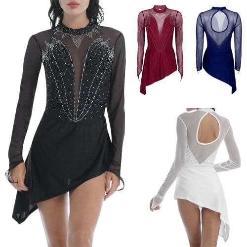 Women Pole Dance Dress Halter Rhinestone Mesh Long Sleeve Figure Skating Artistic Gymnastic Training Performance Costume Leotard