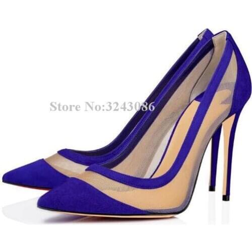 Women New Mesh Blue Suede High Heel Shoes Fashion Pointed Toe Mixed Color Stiletto Heel Dress Single Shoes Lady Large Size Shoes