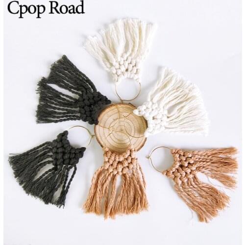 Cpop Cotton Thread Weave Macrame Earrings Long Tassel Geometric Hollow Pendant Tassel Earrings Simple Fashion Women Accessories