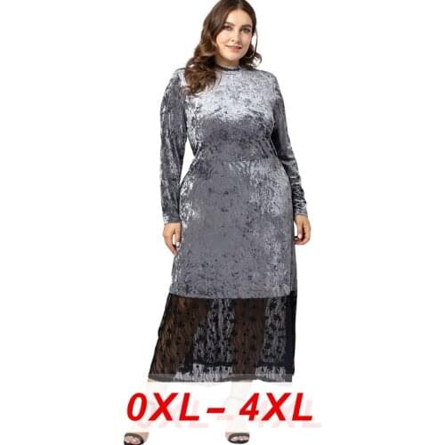 Velvet Midi Patchwork Women Dress Plus Size Casual Lace Long Sleeves O Neck 2020 Autumn Party Gray Elegant Robe Female Sexy