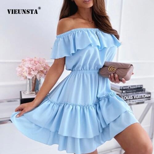 Summer Ruffle Elegant Party Dress Ms Casual One Word Collar Dress 2021 Fashion Office Ms Strapless White Blue Pink Corset Dress
