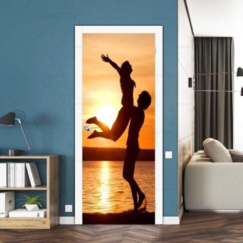 3D Door Sticker Sunset Couple PVC Self Adhesive Waterproof Wall Mural Decals Beer Plants Sticker On The Doors DIY Home Design