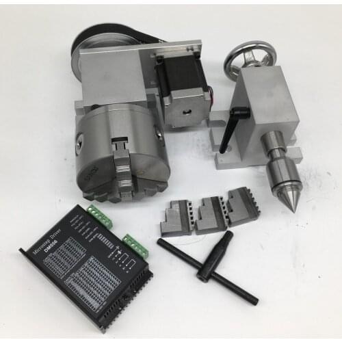 4 Axis rotation A Axis Extend Rotary & Nema23 stepper motor & Driver & 80mm Chuck& MT2 Tailstock kit for wood CNC Milling Router
