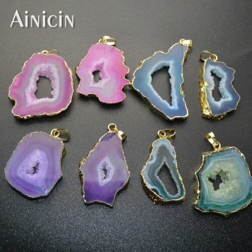 Hollow Out Colorful Natural Druzy Crystal Pendants Pink Blue Purple Geode Drusy Fashion Necklace Earrings Making Findings 5pcs