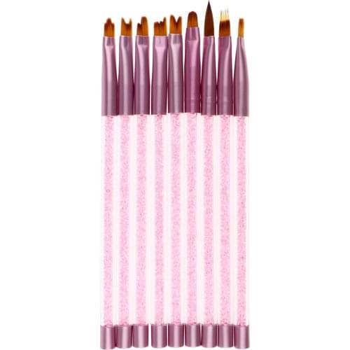 9PCS UV Gel Acrylic Nail Brush Nail Art Tips Builder Brush Nail Painting Brush Pen Set with Acrylic Rhinestone Handle