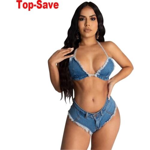 Vacation Biker Shorts Beach Bikini 2 Piece Sets Womens Outfits Sexy Cowboy Festival Clothing Tassel Black Blue Denim Crop Top