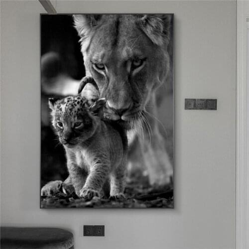 Black and White Canvas Art Painting Posters Lioness and Cub and Prints Scandinavian Cuadros Wall Art Picture for Home Decor