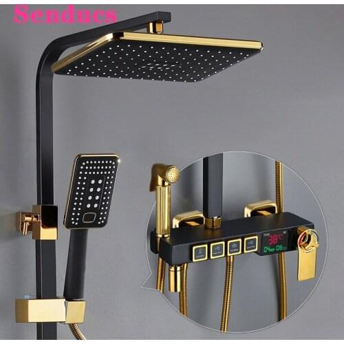 Digital Shower Set for Four Function Gold Thermostatic Shower System Rainfall Shower Head Copper Bath Faucet Digital Shower Sets