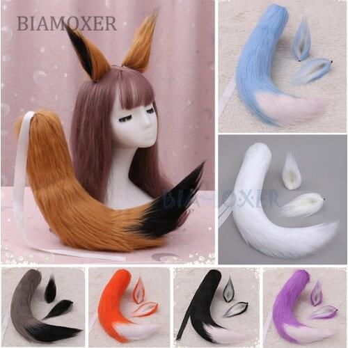 11 Colors Double Ears Long Plush Fox Ears Foxtail Cosplay Gifts Anime Accessories Lolita Blue White cosplay Tails Set